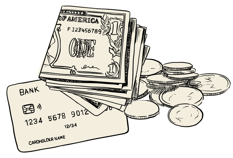 Illustration of a calculator and coins